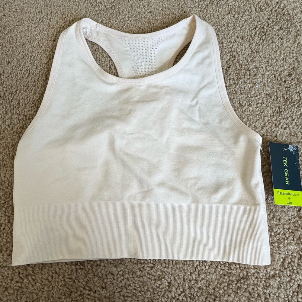 NWT Tek Gear Long Line White Sports Bra Medium Impact Size Small